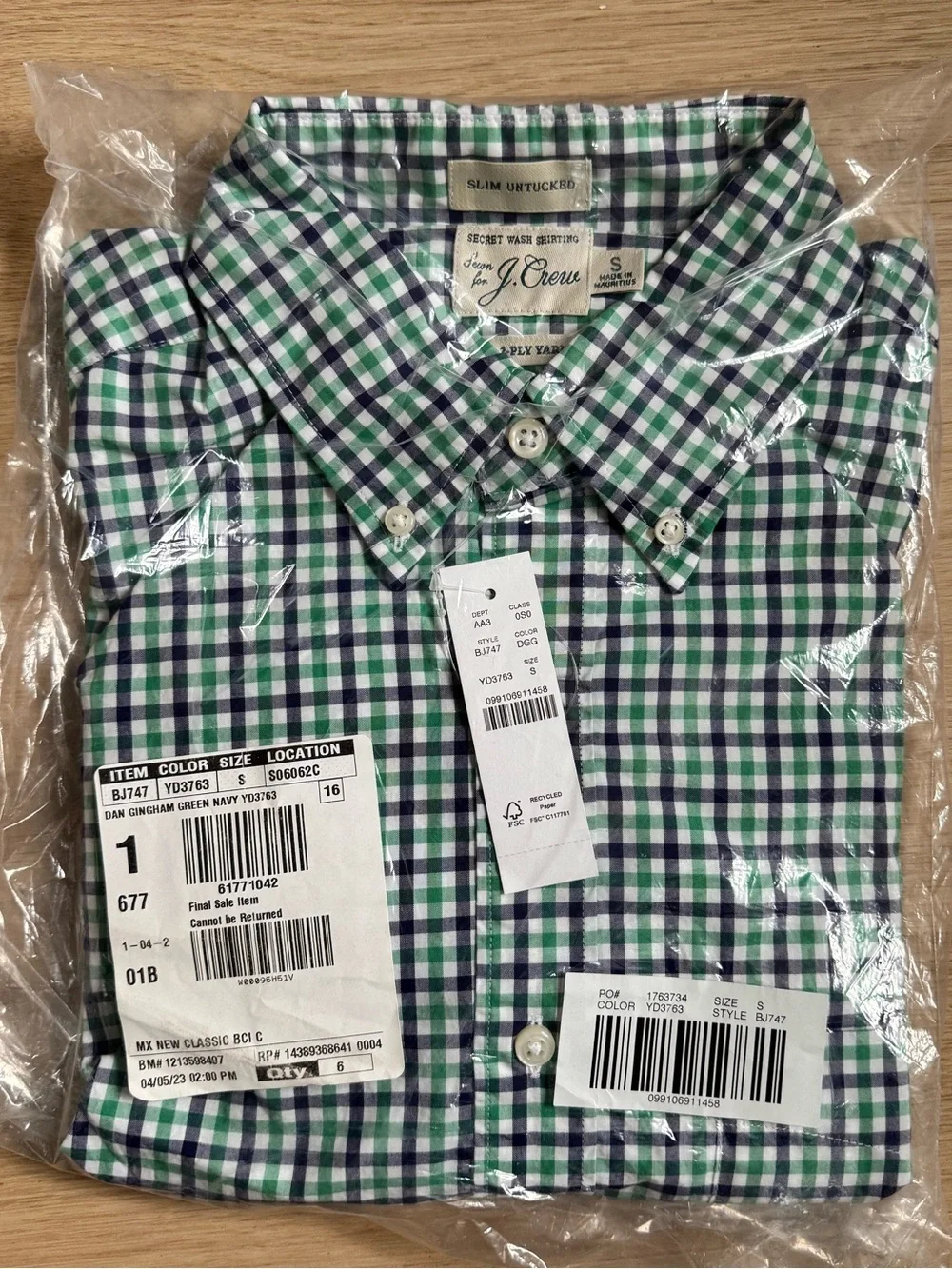 J. CREW | Gingham Slim Untucked Blue Green 2 Ply Yarn Cotton Button Collar Shirt